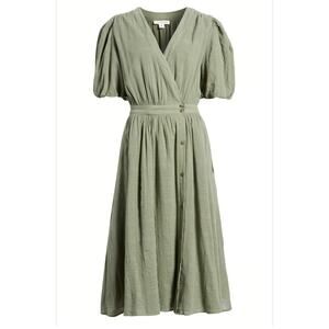 Treasure & Bond Green Cotton Puff Sleeve Wrap Dress NWT
